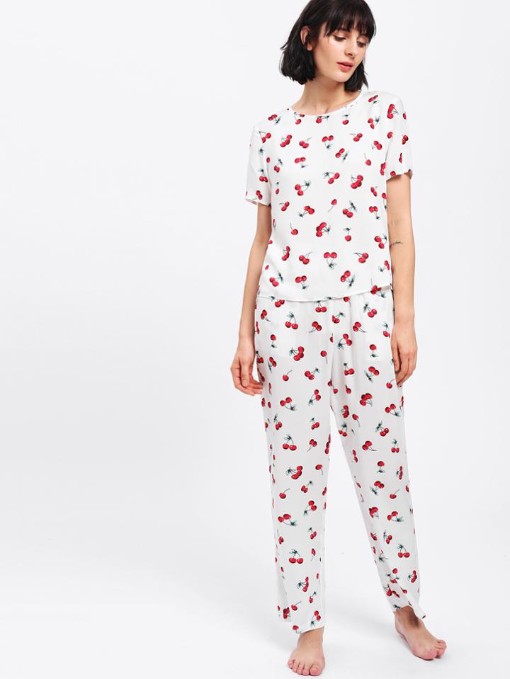 Shein Allover Cherry Print Tee & Pants Pj Set