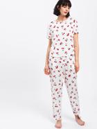 Shein Allover Cherry Print Tee & Pants Pj Set