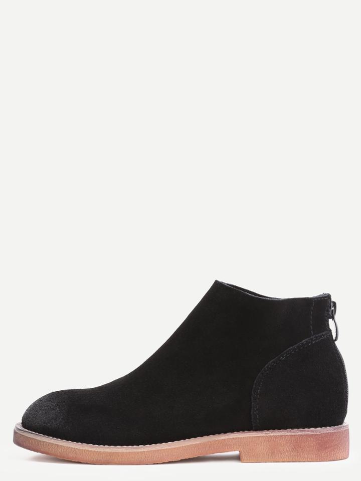 Shein Black Genuine Leather Back Zipper Distressed Ankle Boots