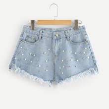 Shein Faux Pearl Beading Raw Hem Denim Shorts