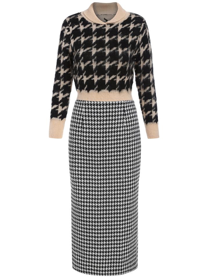 Shein Black Apricot Stand Collar Houndstooth Top With Skirt