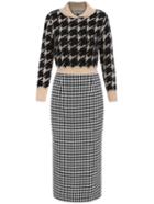 Shein Black Apricot Stand Collar Houndstooth Top With Skirt