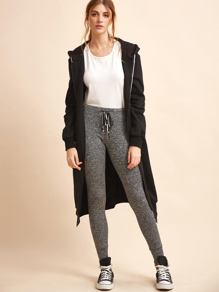 Shein Black Hooded Zipper Long Sweatshirt With Pockets