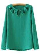 Shein Green Long Sleeve Tie Neck Bow Blouse