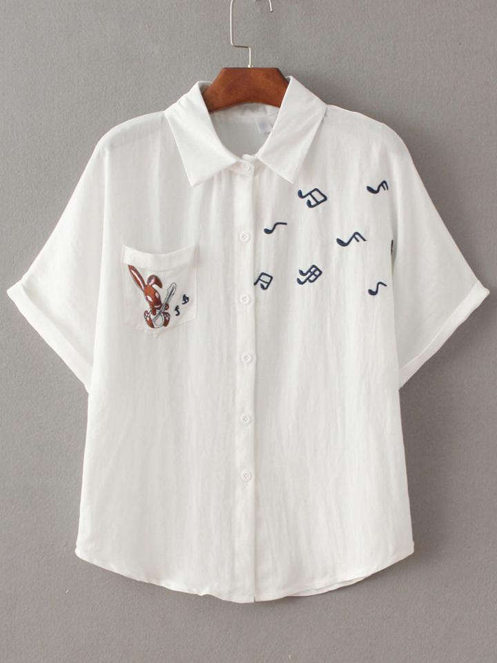 Shein White Embroidery Roll-up Cuff Button Blouse