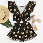 Shein Sunflower Print Bow Tie Detail Frill Top With Shorts