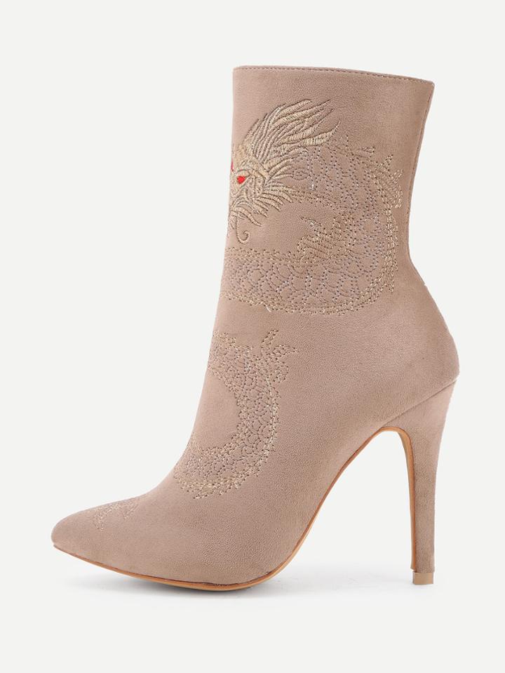 Shein Dragon Embroidery High Heeled Ankle Boots