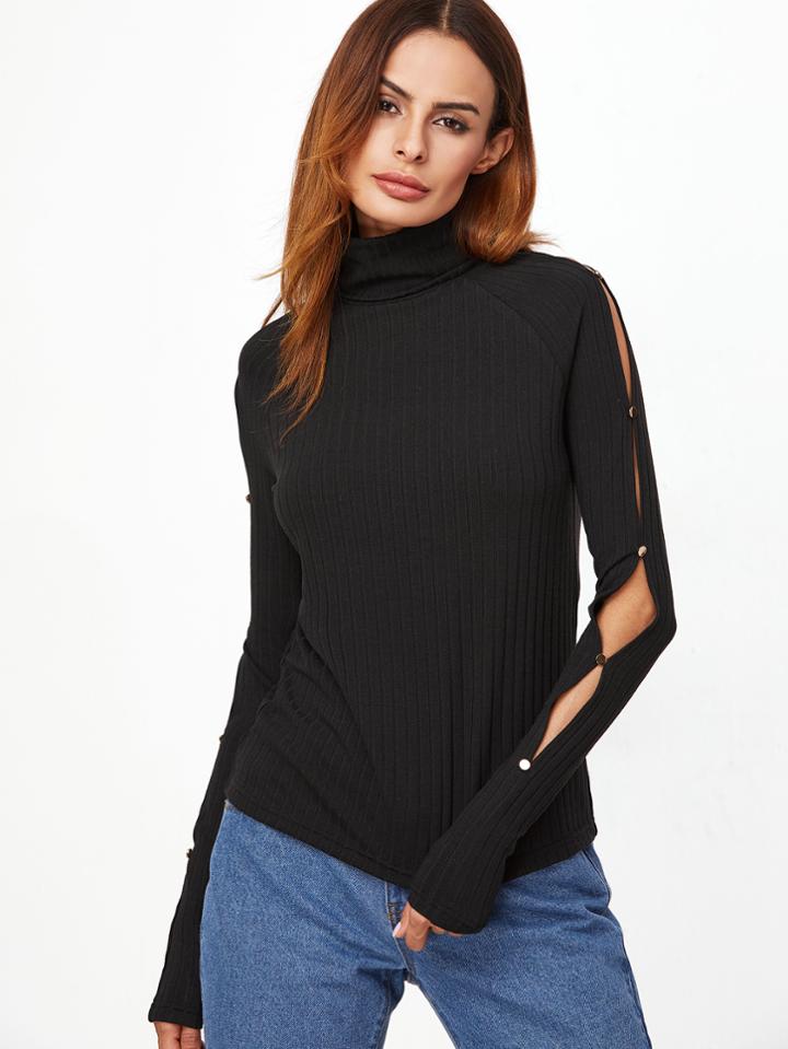 Shein Ribbed Knit Turtleneck Buttoned Slit Sleeve Top
