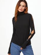 Shein Ribbed Knit Turtleneck Buttoned Slit Sleeve Top
