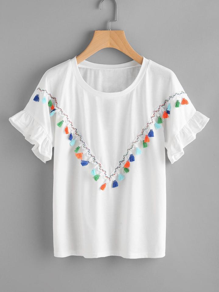 Shein Ruffle Cuff Fringe Trim Tee