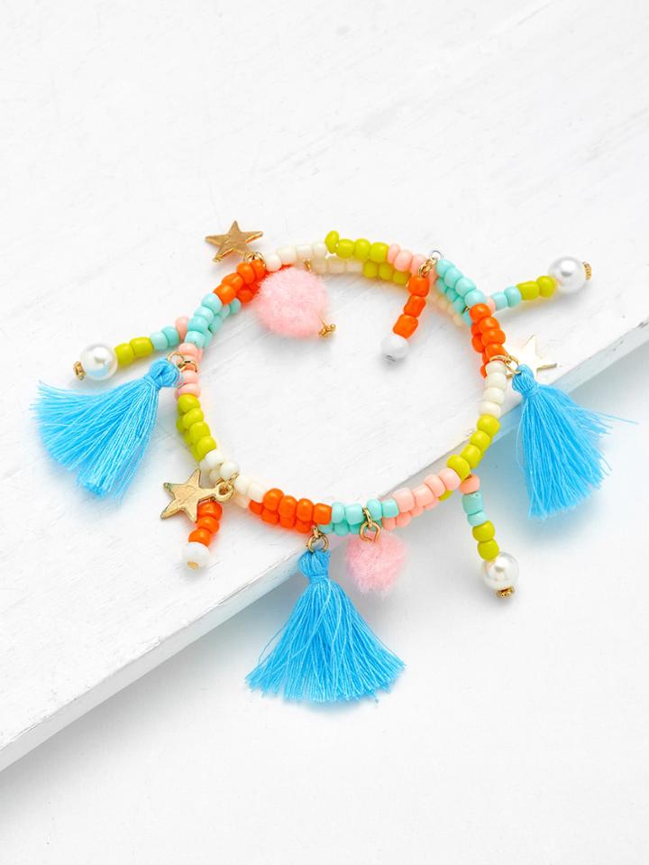 Shein Tassel & Pom Pom Detail Layered Beaded Bracelet