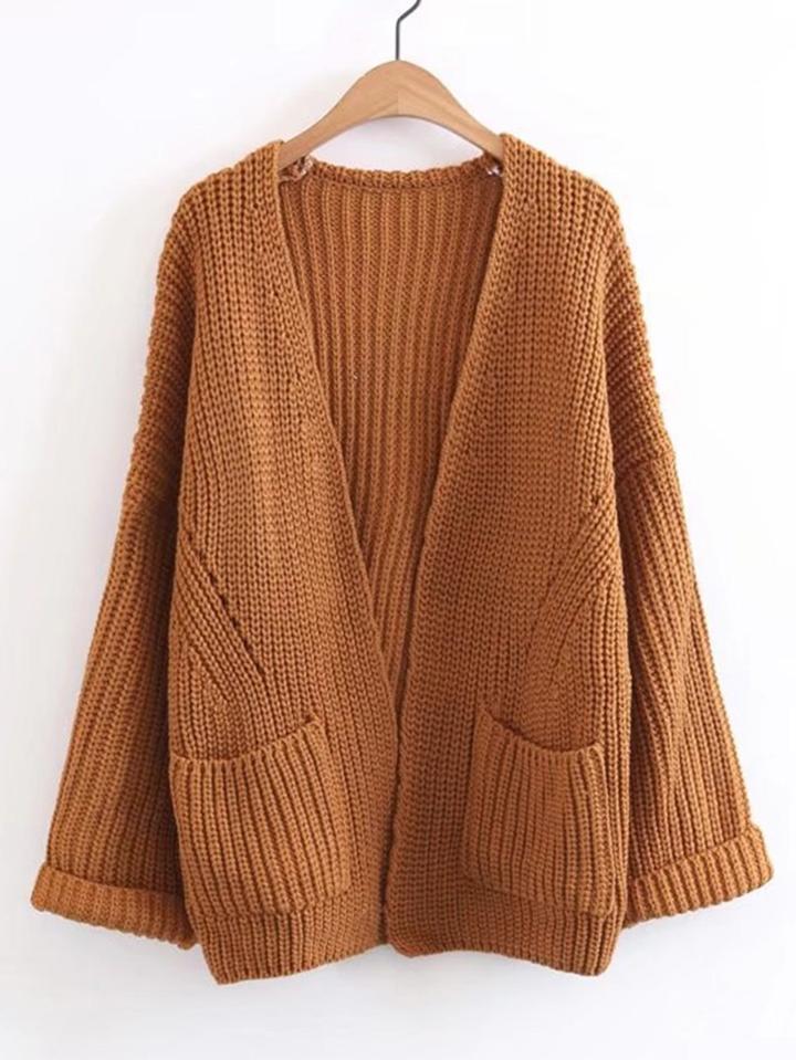 Shein Front Pocket Drop Shoulder Cuffed Cardigan
