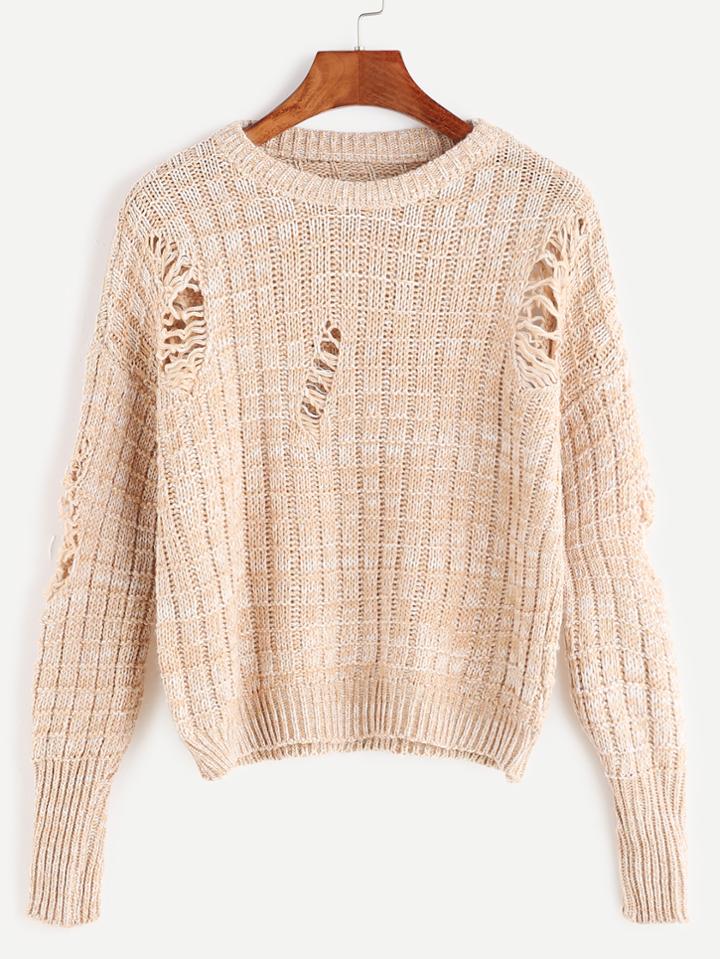 Shein Light Khaki Marled Knit Ripped Sweater