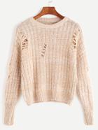 Shein Light Khaki Marled Knit Ripped Sweater
