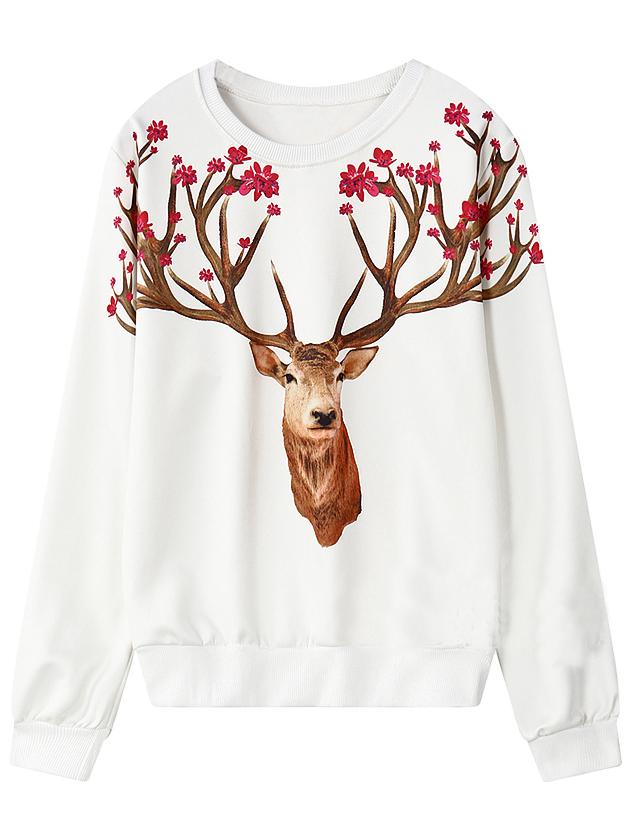 Shein White Round Neck Deer Print Loose Sweatshirt