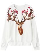 Shein White Round Neck Deer Print Loose Sweatshirt