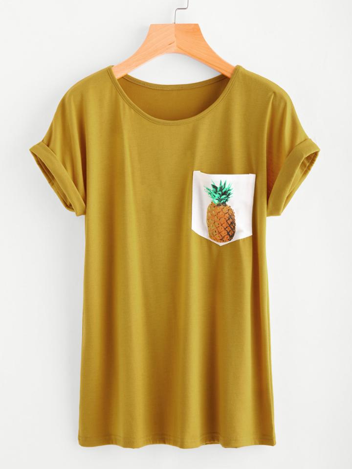 Shein Contrast Pineapple Print Pocket Cuffed Tee