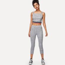 Shein Contrast Tape Hem Plaid Crop Top And Leggings Set