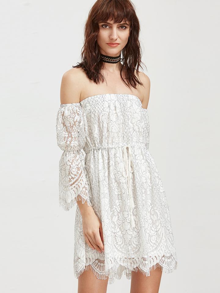 Shein Bardot Drawstring Waist Floral Lace Dress