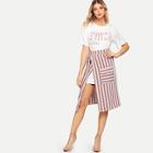 Shein Letter Print Tee With Striped Split Side Skirt