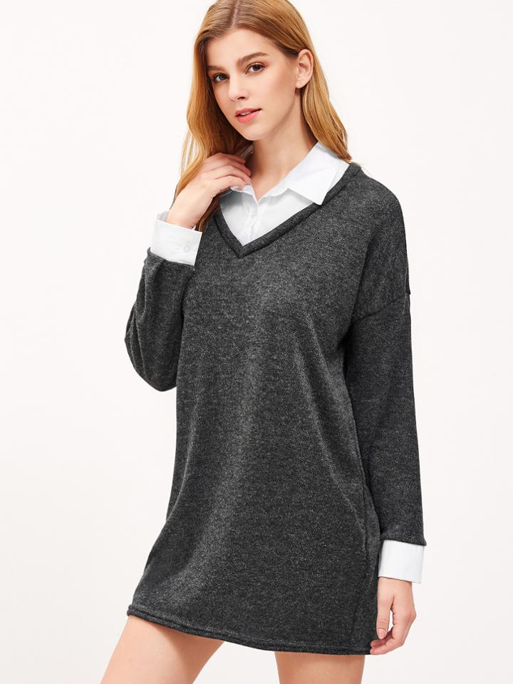 Shein Dark Grey Contrast Trim 2 In 1 Dress