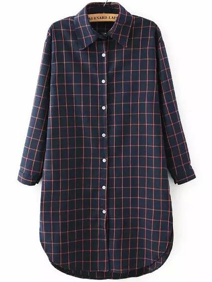 Shein Navy Orange Lapel Long Sleeve Plaid Shirt Dress