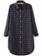 Shein Navy Orange Lapel Long Sleeve Plaid Shirt Dress