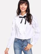 Shein Bow Tie Neck Elasticized Puffed Sleeve Blouse