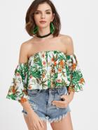 Shein Bardot Neckline Flute Sleeve Tropical Print Top