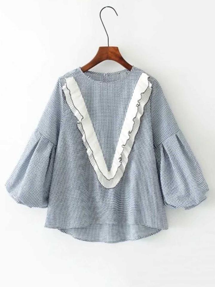 Shein Pleated Chevron Insert Lantern Sleeve Gingham Blouse