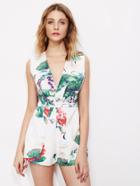 Shein Plunging V-neckline Flower Print Sleeveless Playsuit