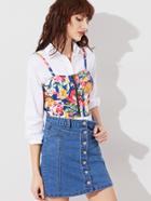 Shein Blue Floral Print Zip Front Bustier Cami Top