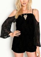 Rosewe Charming Strap Design Flare Sleeve Black Lace Rompers