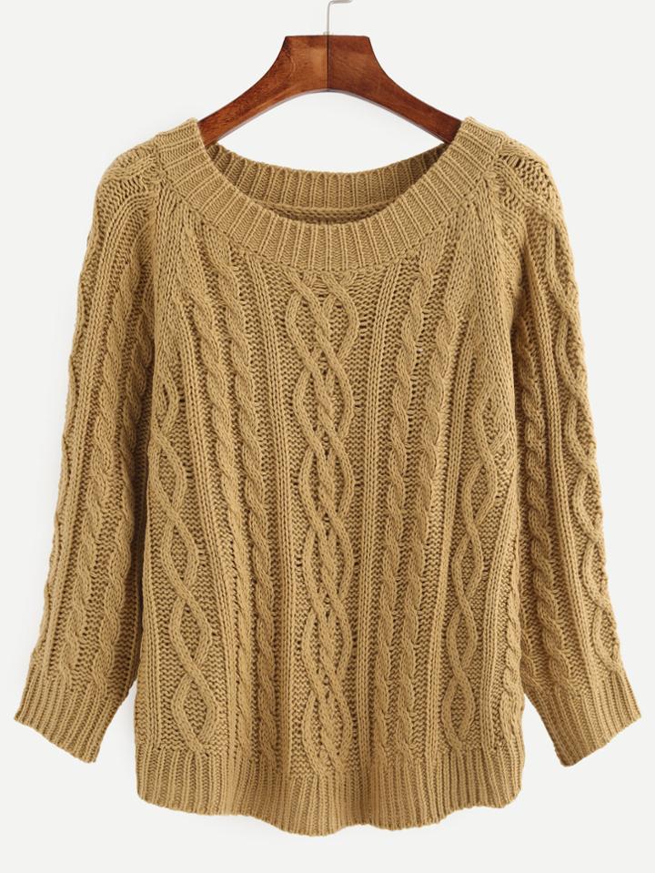 Shein Khaki Cable-knit Round Neck Long Sleeve Sweater