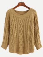 Shein Khaki Cable-knit Round Neck Long Sleeve Sweater