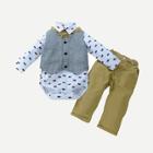 Shein Toddler Boys Cartoon Print Top & Pants & Space Dye Vest & Tie