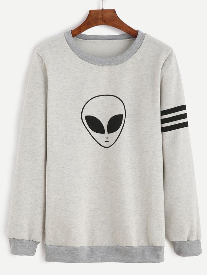 Shein Heather Grey Alien Print Striped Sleeve Sweatshirt