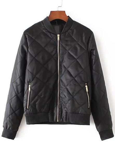 Shein Black Diamond Quilted Zipper Up Flight Jacket