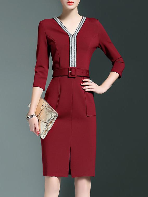 Shein Burgundy V Neck Belted Pockets Sheath Dress