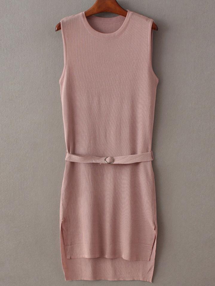 Shein Pink Sleeveless Split Dress With Belt