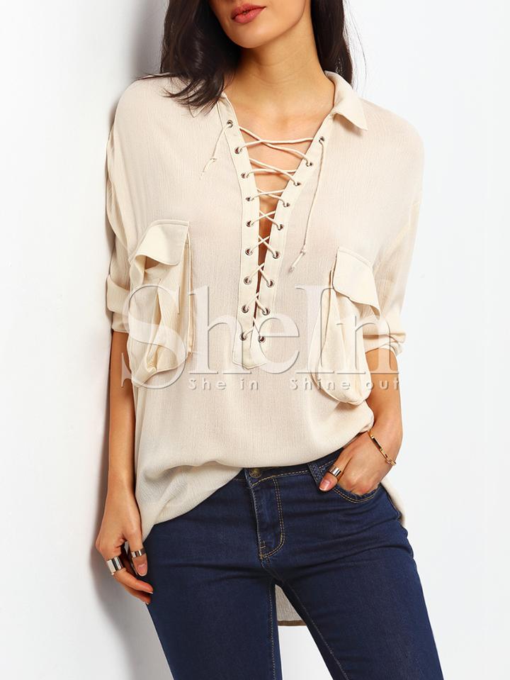Shein Apricot Long Sleeve Pockets Lace Up Blouse