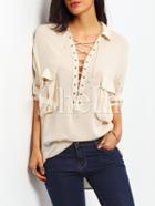 Shein Apricot Long Sleeve Pockets Lace Up Blouse