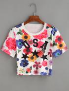Shein Multicolor Flower Print Crop T-shirt