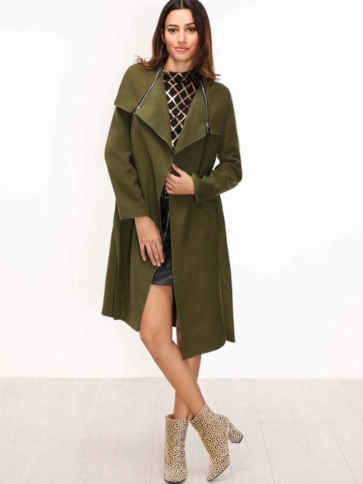 Shein Army Green Self Tie Zipper Detail Coat