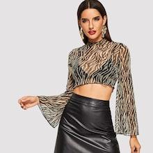 Shein Trumpet Sleeve Sheer Zebra Print Top