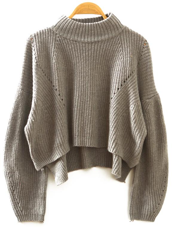 Shein Grey Stand Collar Lantern Sleeve Crop Sweater