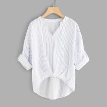 Shein Rolled Up Sleeve Striped Dip Hem Blouse