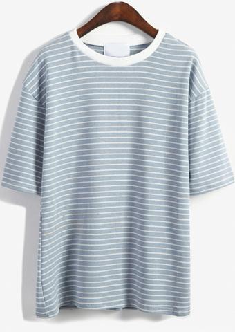 Shein Round Neck Striped Loose Sky Blue T-shirt