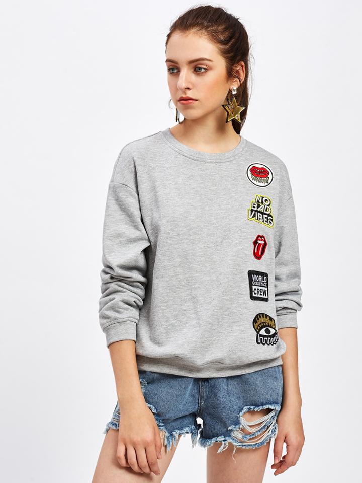 Shein Embroidered Patch Detail Heather Knit Sweatshirt