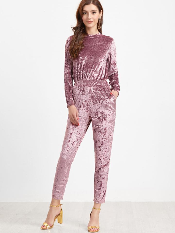 Shein Pink Crew Neck Zipper Back Velvet Jumpsuit